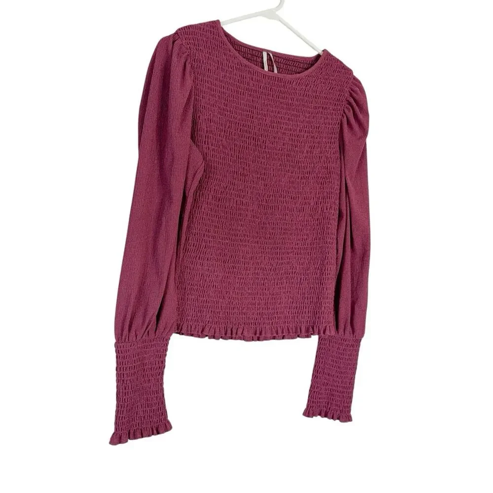 Anthropologie Smocked Stretch Burgundy Boho Peasant Blouse Women's Size Medium